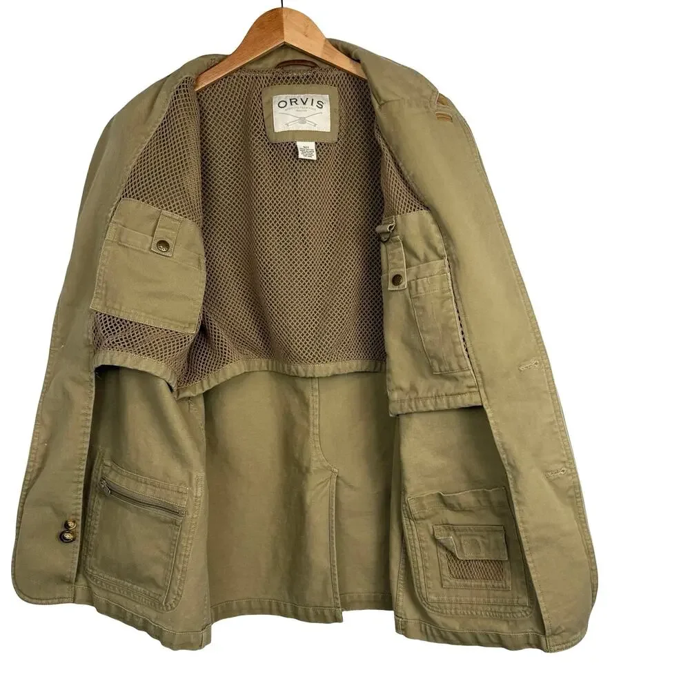 ORVIS Jacket Mens 42T Tan‎ Blazer Cotton Leather Trim Elbow Patch Safari Fishing